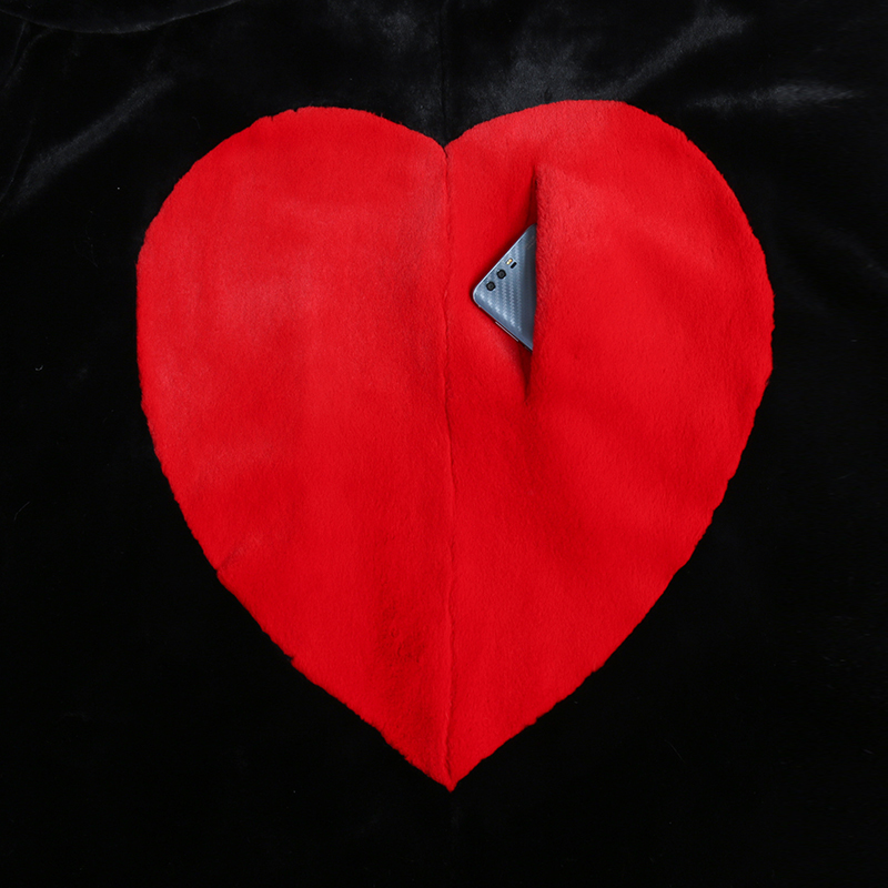 Nerazzurri winter black long faux fur coat with red love hearts long sleeve notched lapel plus size warm fluffy jacket 5xl 6xl