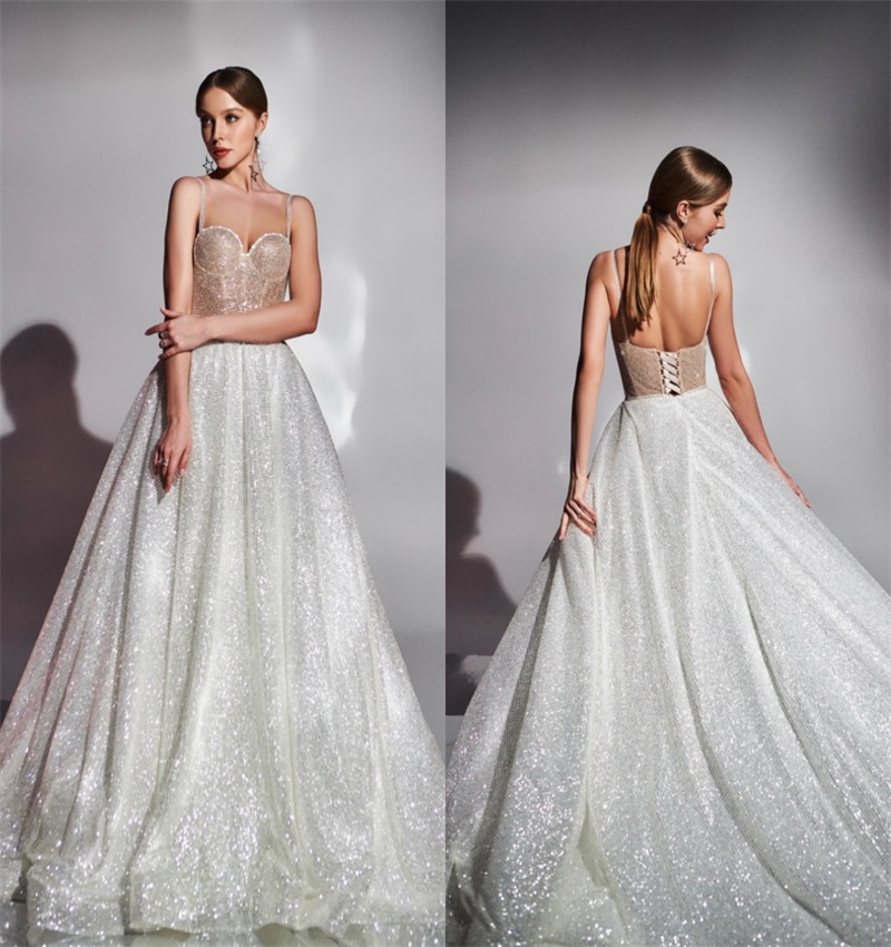 2020 Glitter Sequins A-line Wedding Dresses Sexy Spaghetti Strap Backless Ruched Tulle Bridal Gown Castle Church Wedding Dress