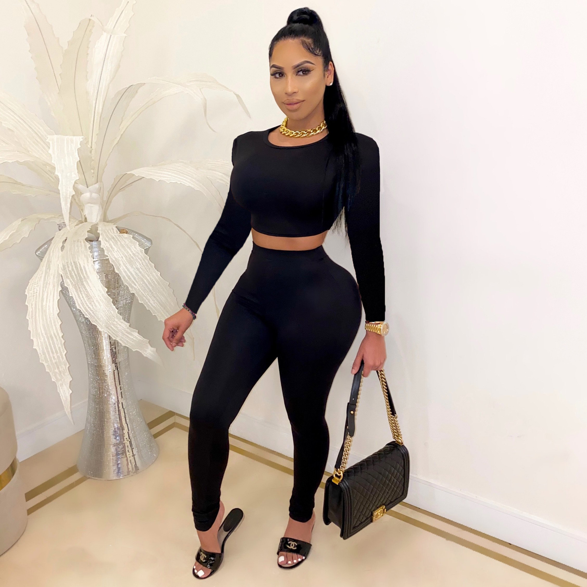 Womens Set Sportwear Long Sleeve Crop Tops Legging Pants Women Suit Casual Two Piece Set Tracksuit Matching Set Outfit, Gray