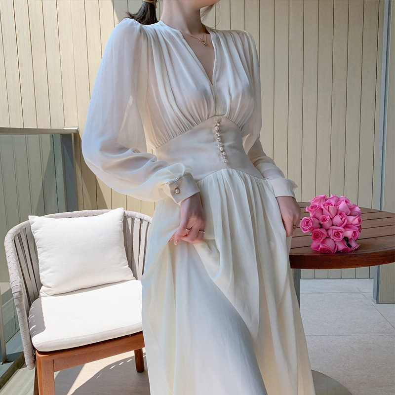 Womens Chiffon Autumn Spring Button Vintage Dress Solid V-neck Long Sleeve Dresses Fashion Elegant High Waist Female Clothing, White
Womens Chiffon Autumn Spring Button Vintage Dress Solid V-neck Long Sleeve Dresses Fashion Elegant High Waist Female Clothing, White