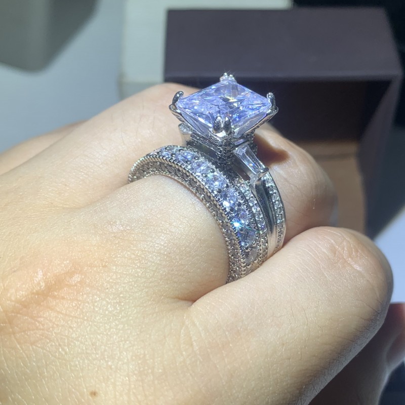 Choucong Brand New Vintage Jewelry 925 Sterling Silver Couple Rings Princess Cut Large Topaz Eiffel Tower Women Wedding Bridal Ring Set