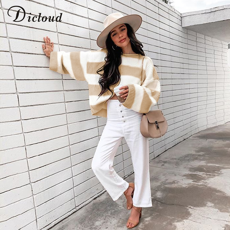 DICLOUD Casual Oversized Striped Sweater Women Autumn Long Sleeve Loose Pullover Winter Knitted Ladies Jumper White Top