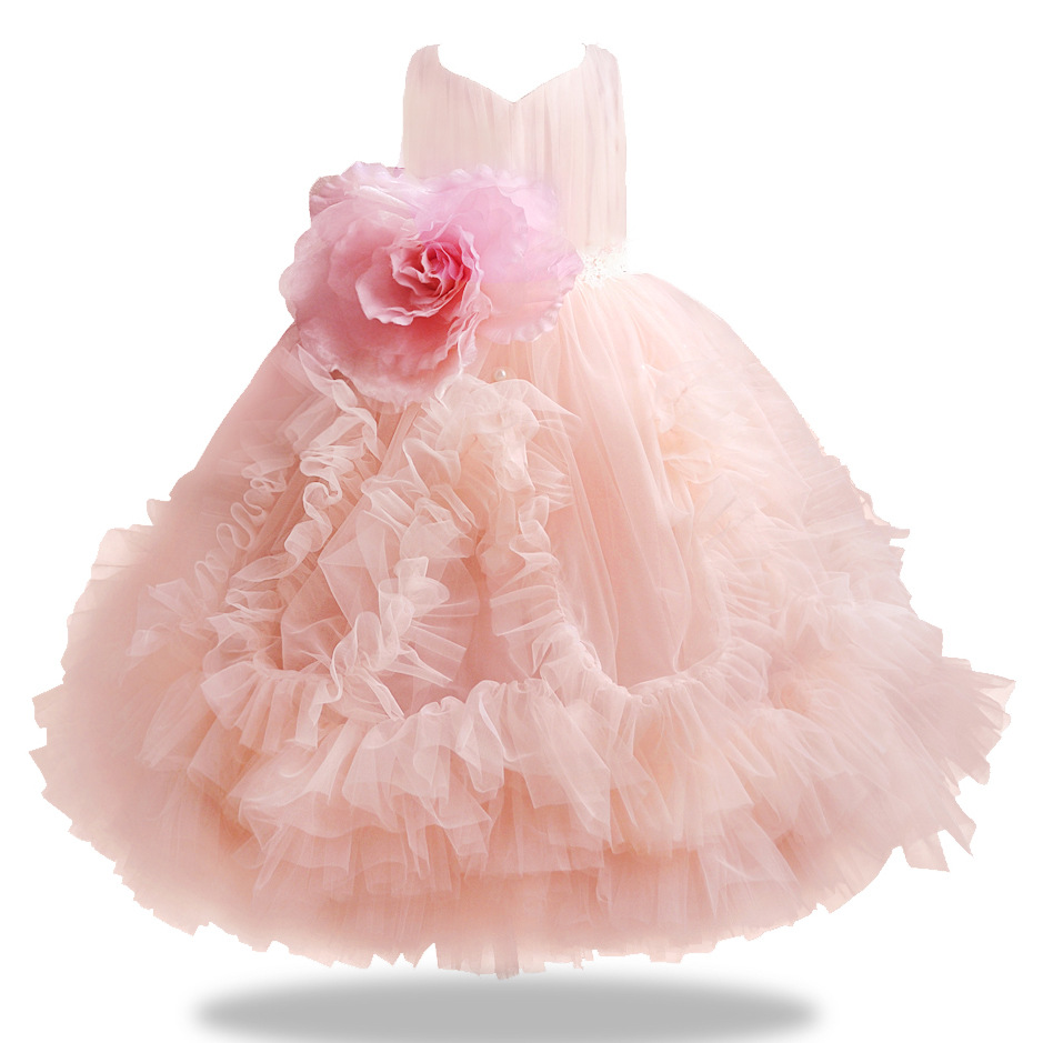 Pink Girls Pageant Dresses Tulle Ball Gown Tiered Ruffle Skirt Puffy Flower Girl Dresses Big Flower Birthday Party First Communion Dresses