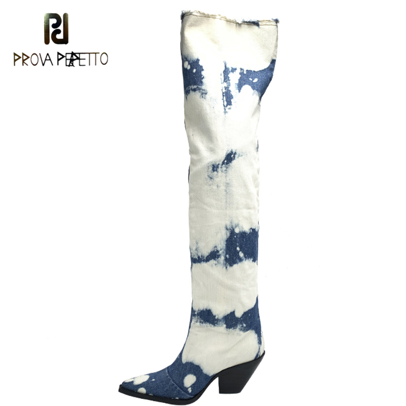 Prova Perfetto Denim Western Cowboy Boots Women 2020 New Retro Pointed Toe High Thick Heel Side Zipper Over The Knee Thin Boots, Blue and white
Prova Perfetto Denim Western Cowboy Boots Women 2020 New Retro Pointed Toe High Thick Heel Side Zipper Over The Knee Thin Boots, Blue and white