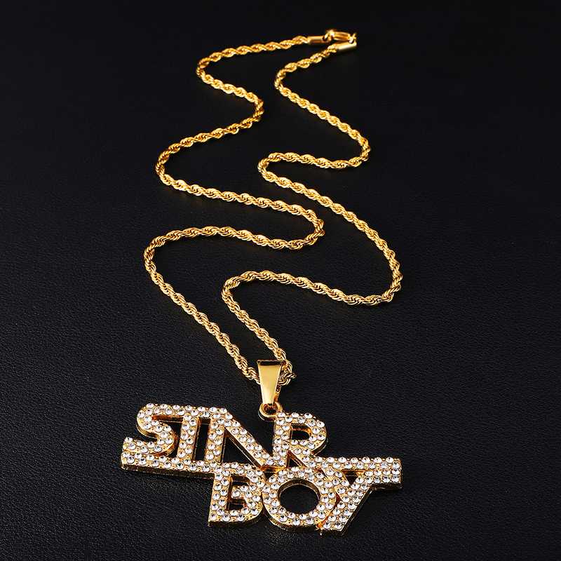 HIP Hop Gold Color Letters Words Bling Full Rhinestoned Iced Out Rope Chain Pendants & Necklaces for Men Jewelry