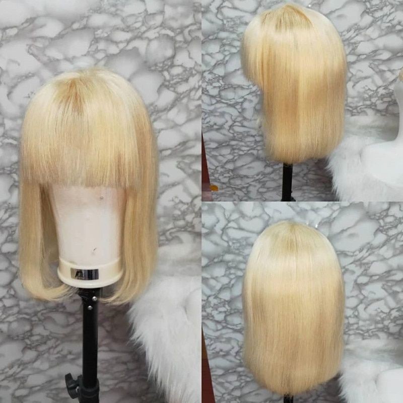 Ishow Brazilian 613 Blonde Colored Short Bob Wigs Straight Human Hair Wigs with Bangs Indian Hair Peruvian None Lace Wigs for Black Women