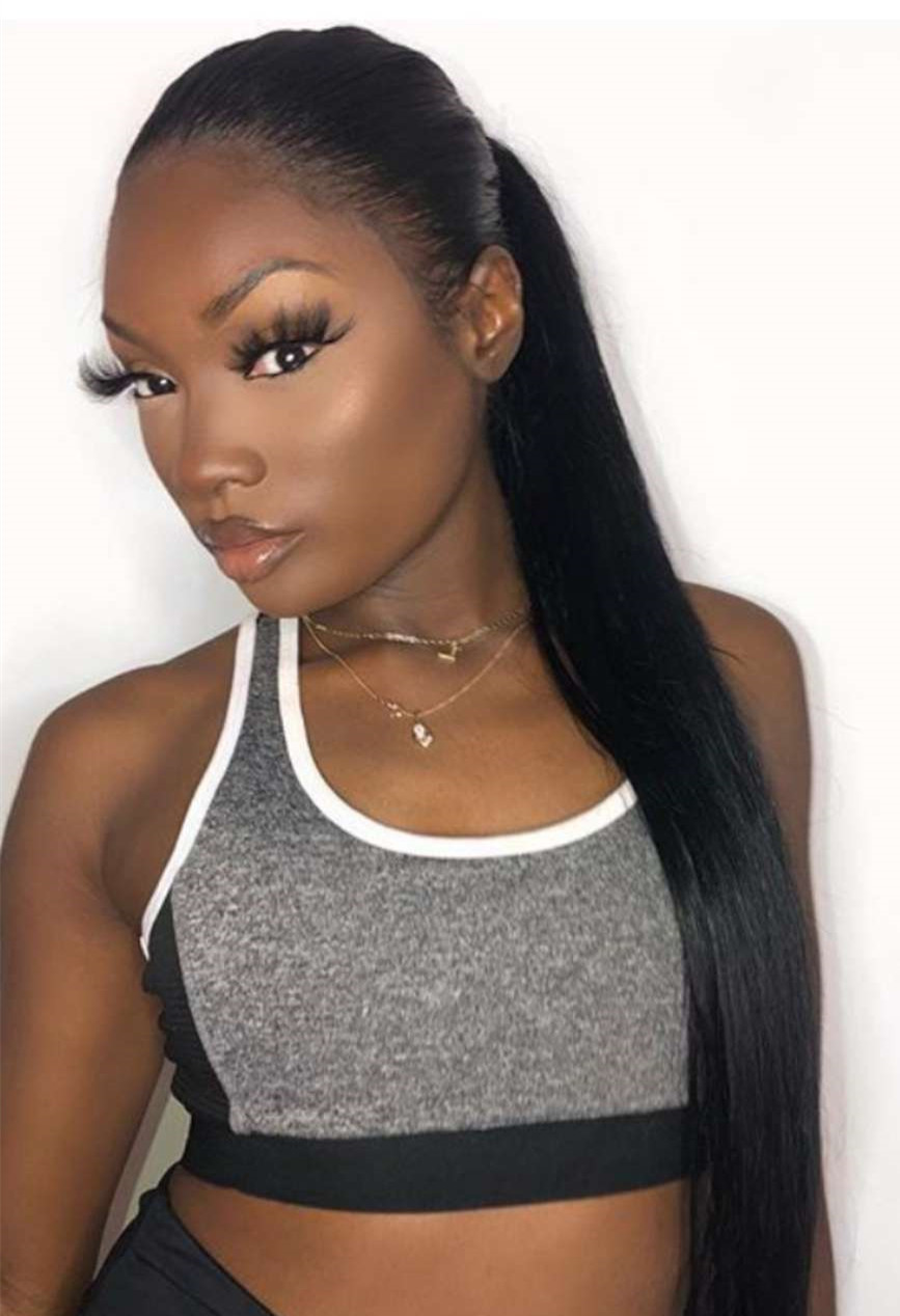 #1 Jet black Ponytail Extension Clip in Pony tail 100% Remy Human Hair Wrap Around Ponytail 16" Straight Ponytail Hairpiece