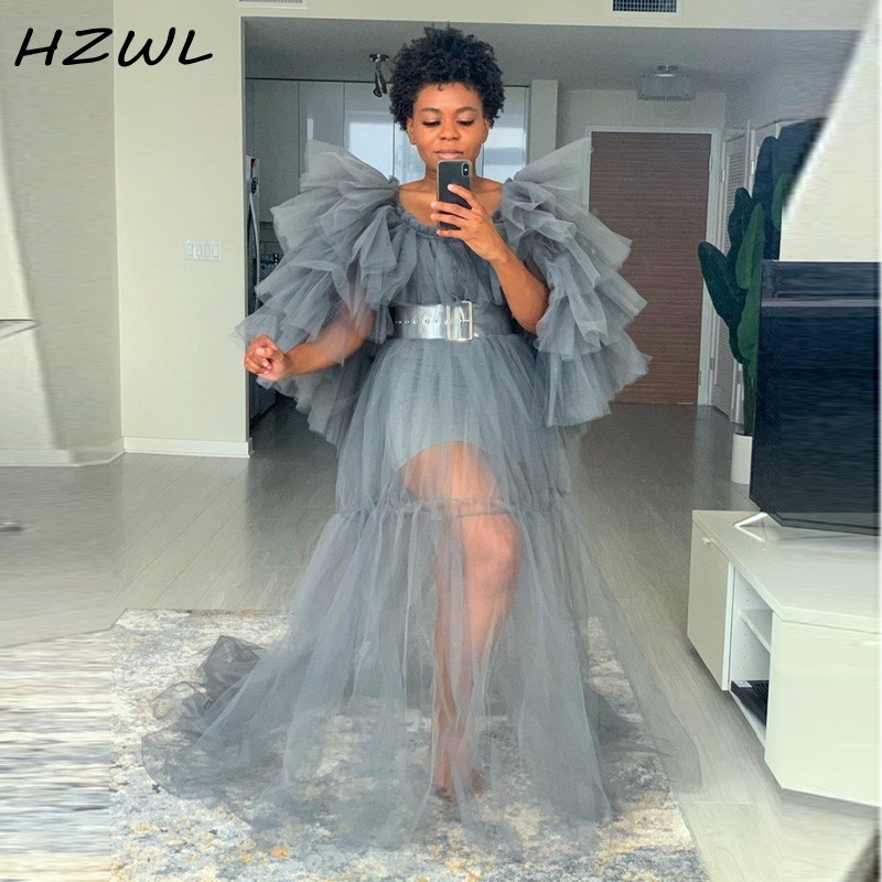 Maternity Photoshoot Vestidos Grey Tiered Sheer Party Dresses Wihtout Sash Off Shoulde Full Sleeve Prom Dress for Photo Shoot Baby Shower