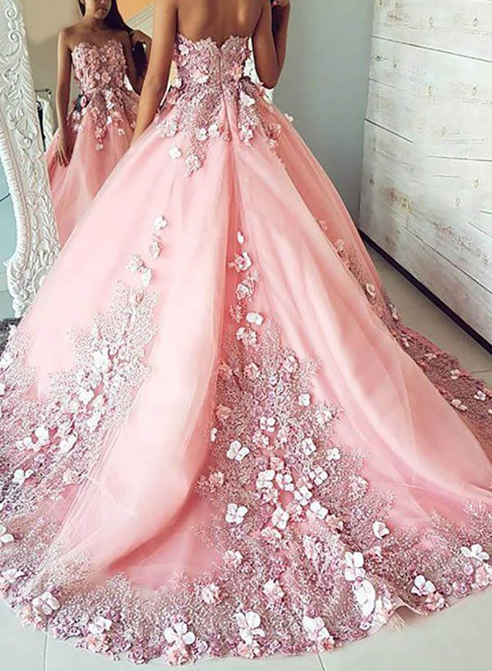 Pink Long Prom Dresses with Beading Flowers Ball Gown Tulle Appliques Lace Saudi Arabic Evening Dress Gown abiye gece elbisesi