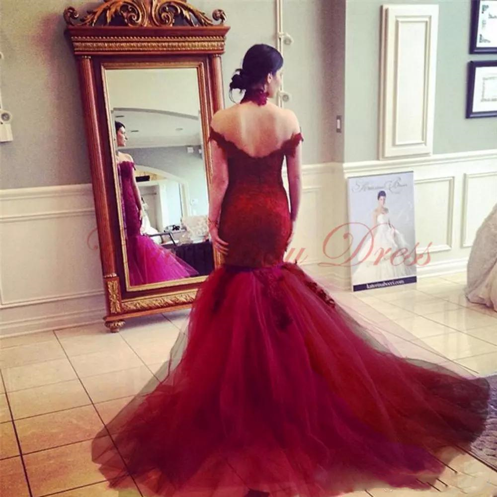 Sexy Off Shoulder Burgundy Mermaid Prom Dresses 2022 Lace Appliques Tulle Long Arabic Formal Gowns Evening Wear Engagement Dress