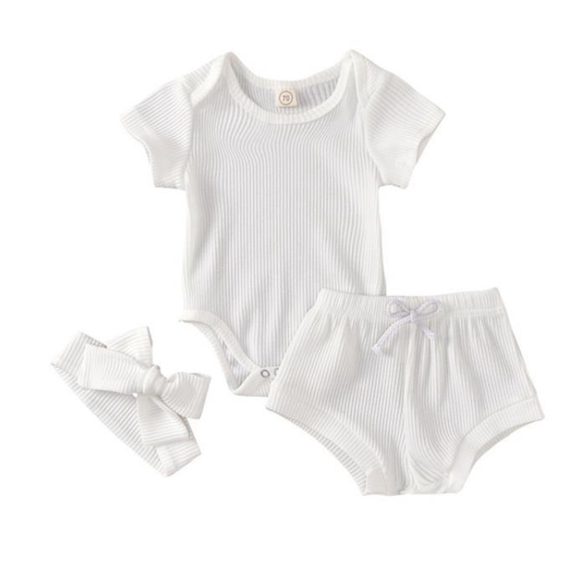 Baby Girl Clothes Set Solid Toddler Girls Rompers Shorts Headband 3pcs Sets Short Sleeve Children Outfits Boutique Summer Baby Clothing 5796
