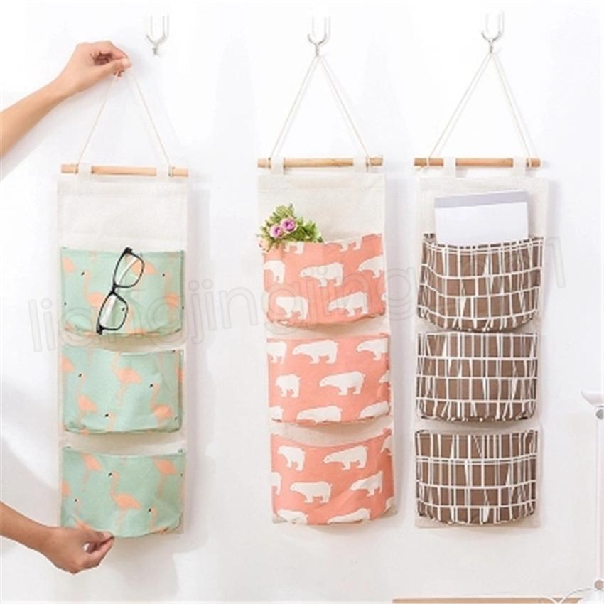 7Colors Wall Hanging Organizer Bags Cotton Linen Holder Storage Bag Door Hanging Sundry Bags 3 Pockets Sorting Bags