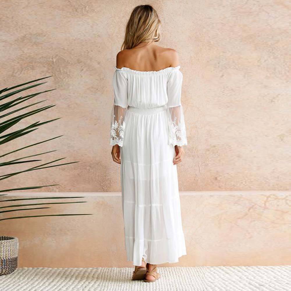 WildPinky Summer Sundress Women White Beach Dress Strapless Long Sleeve Loose Sexy Off Shoulder Lace Boho Chiffon Maxi Dress 200928
