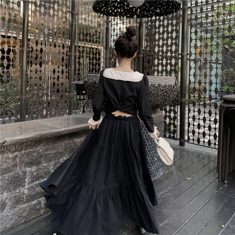 Two Pieces Court Retro Black Outfits Dress Suits Harajuku Lolita Sweet Skirt Sets 2PC Peter Pan Collar Shirts&A Line Skirt Suits