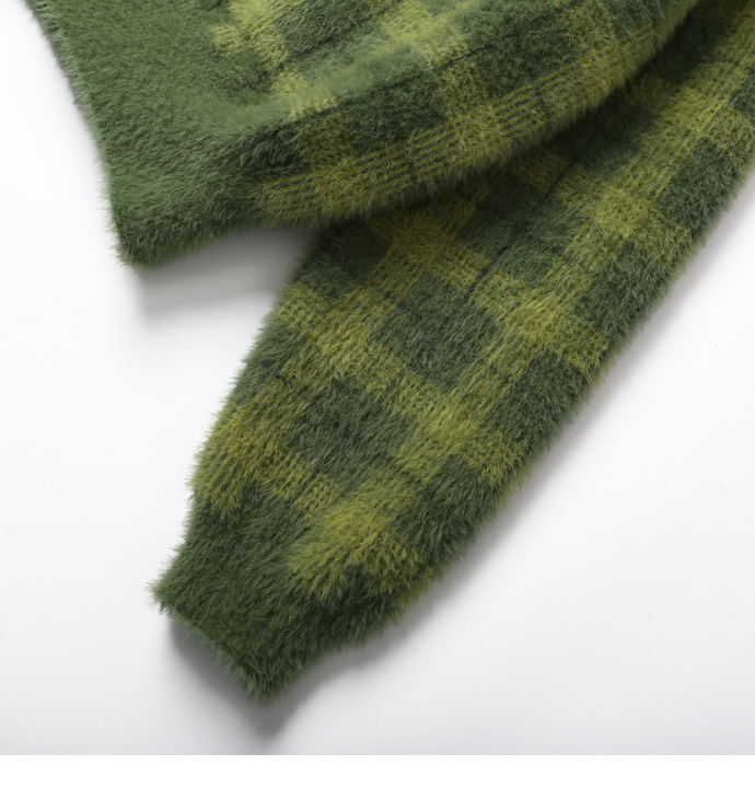 Harajuku Fuzzy Green Plaid Cardigan With Front Button Women Cropped Cardigan Sweater CX200814