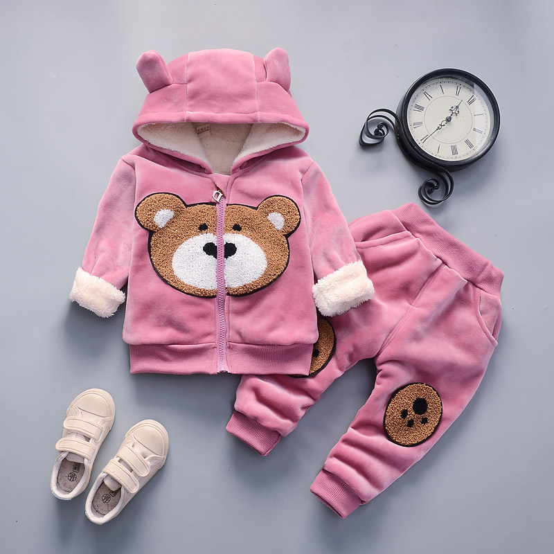 Mouse Girls Clothing Sets Winter Keep Warm Plus Velvet Thickening Bear Boy Clothing Set Hooded Zipper Jacket And Pants Kids Suit