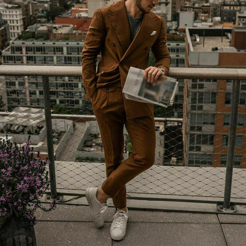 2piece coatpant handsome brown suits custom made men suits cotton double breasted tuxedos peaked lapel blazer business suit