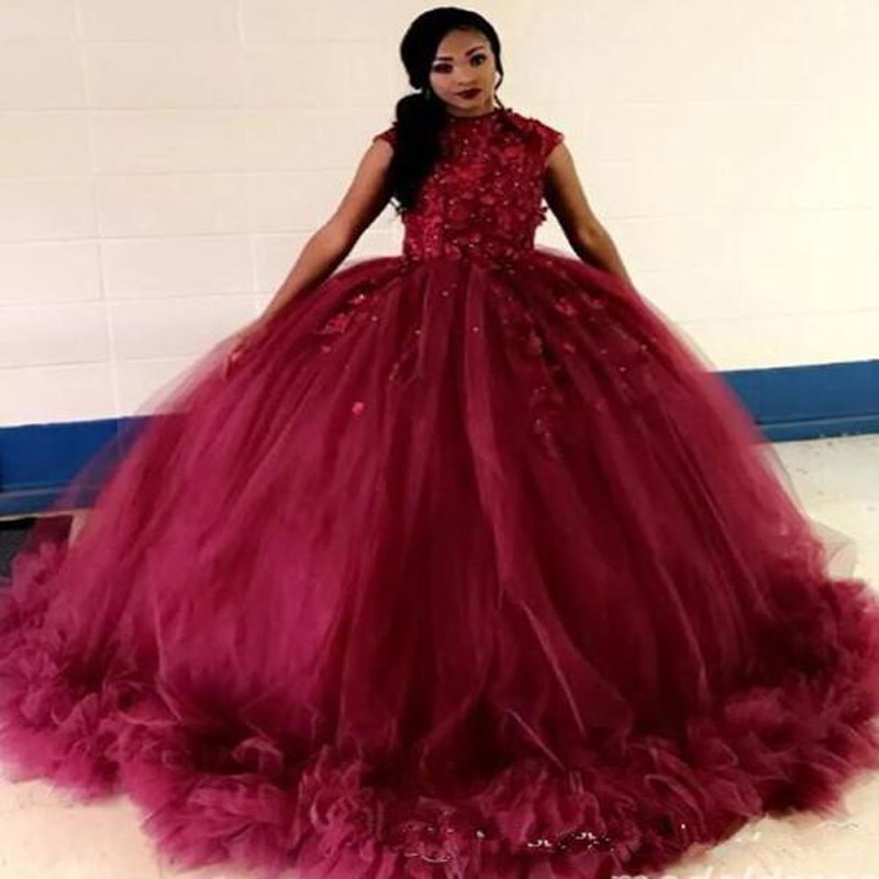 Vintage African Burgundy Ball Gown Quinceanera Prom dresses Cap Short Sleeves Tulle Ruched Lace Beading Evening Party Sweet 16 dress