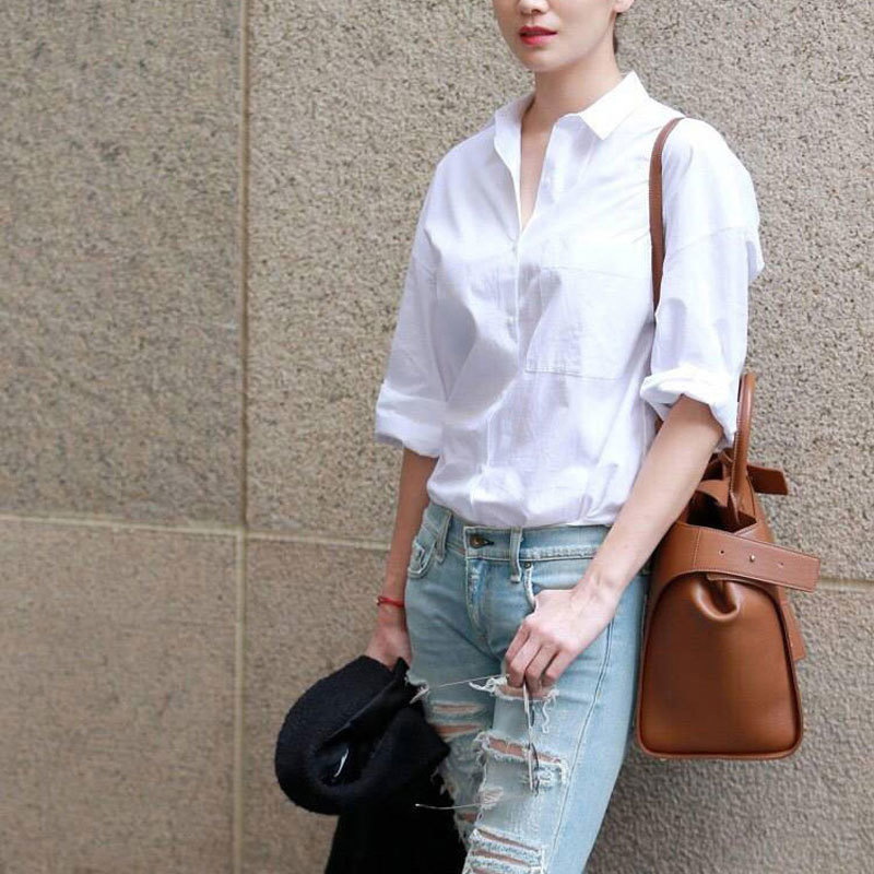 Flectit Casual Chic Women White Shirt Basic Collar Button Down Long Sleeve Boyfriend Blouse Spring Summer Tops Outfit * 200923