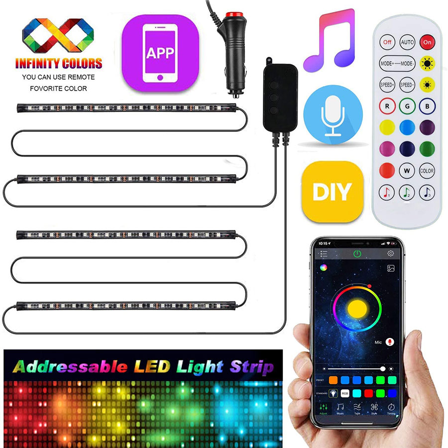 Car LED Strip Interior Lights with APP and Remote, 4pcs 72 LED Car Underdash Color Changing Lighting Kit, 20 Unique Dynamic Mode
Car LED Strip Interior Lights with APP and Remote, 4pcs 72 LED Car Underdash Color Changing Lighting Kit, 20 Unique Dynamic Mode