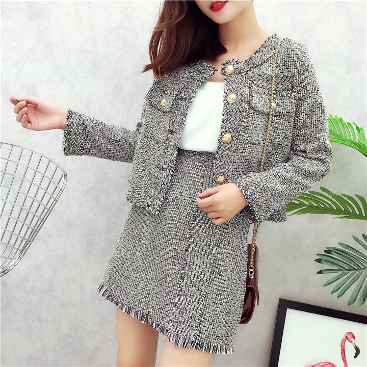 Tassel Jacket Asymmetrical Pearls Skirt Tweed Suit Runway Autumn Winter Women 2 Piece Set B4