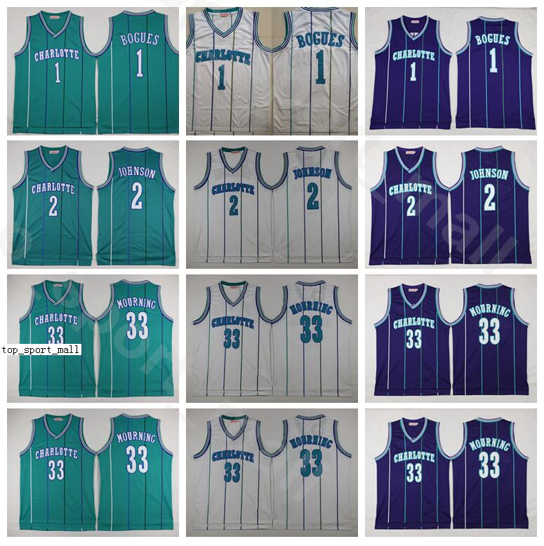 Men Basketball Alonzo Mourning Jerseys Tyrone Muggsy Bogues Larry Johnson Vintage All Stitched Purple Green White Home Uniform High Quality, 33 white 
Men Basketball Alonzo Mourning Jerseys Tyrone Muggsy Bogues Larry Johnson Vintage All Stitched Purple Green White Home Uniform High Quality, 33 white