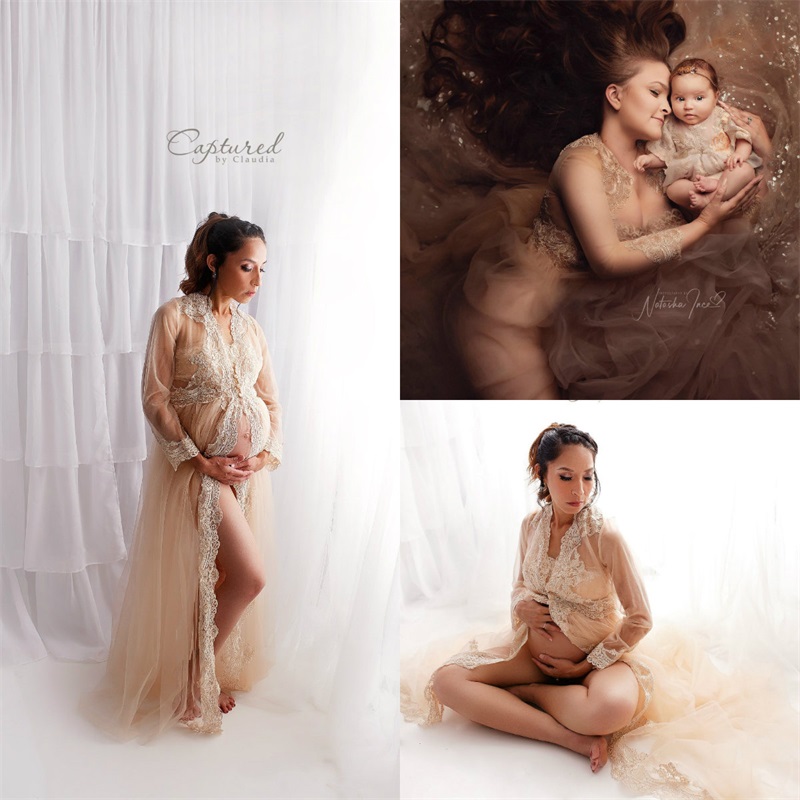 Night Gown Lace Ruched Tulle Bride Sleepwear Robes Long Sleeves Custom Made Pregnant Mother Women Sexy Sleepwear Dresses