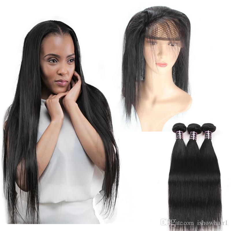 Ishow Brazilian Virgin Hair Bundles Straight 360 Lace Frontal Closure Human Hair Extensions for Black Women