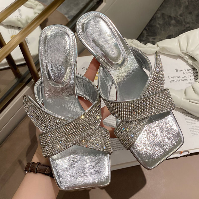 Rhinstone Square Toe Mule Heel Slippers Sandals Women Crystal Solid High Heel Women Slides Ladies Wedding Party Sandal Shoes, White 
Rhinstone Square Toe Mule Heel Slippers Sandals Women Crystal Solid High Heel Women Slides Ladies Wedding Party Sandal Shoes, White