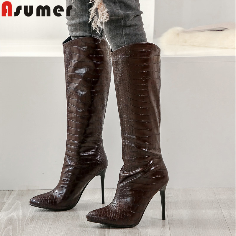 ASUMER big size 34-43 fashion knee high boots women pointed toe slip on autumn winter boots thin high heels ladies prom, Black
ASUMER big size 34-43 fashion knee high boots women pointed toe slip on autumn winter boots thin high heels ladies prom, Black
