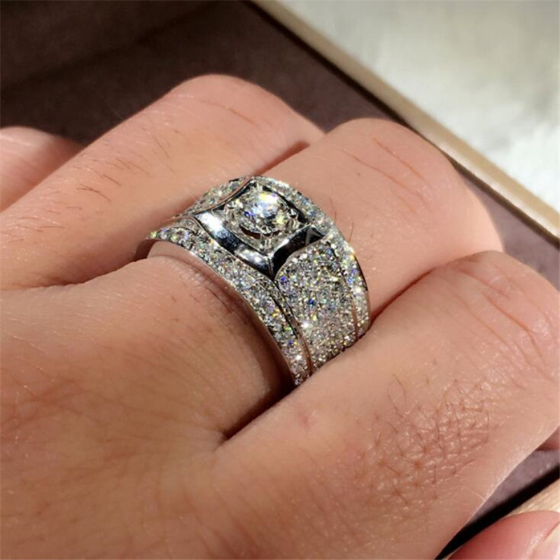 Size 6-10 New Sparkling Luxury Jewelry 925 Sterling Silver Round Cut White Topaz CZ Diamond Gemstones Promise Eternity Women Wedding Ring