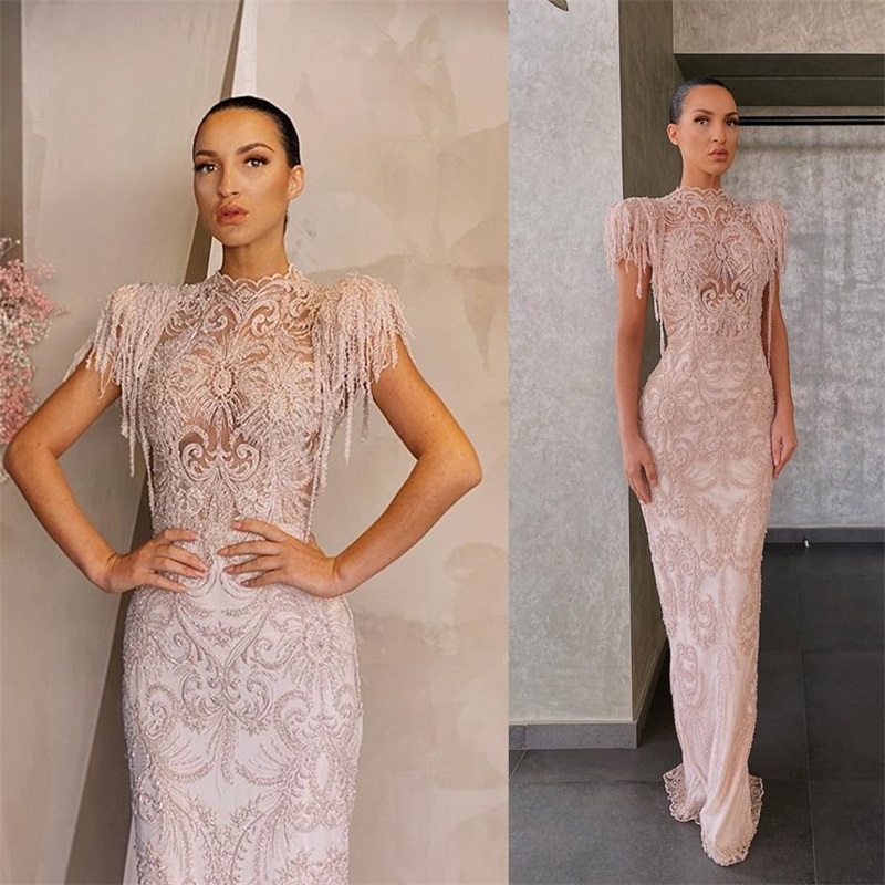 gorgeous newest mermaid evening dress highneck appliqued beads tassel formal prom dress designer hot sale custom made runway fashion dress