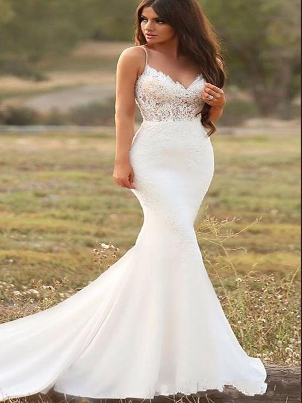 New Arrival Country Mermaid Dresses Spaghetti Straps Backless Sweep Train Lace Appliques Wedding Dress Bridal Gowns vestidos