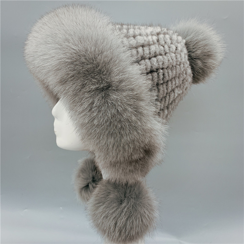 Winter real hats for women fur pompom ear protect caps warm lined knitted fur beanies fashion Russian hat, Black