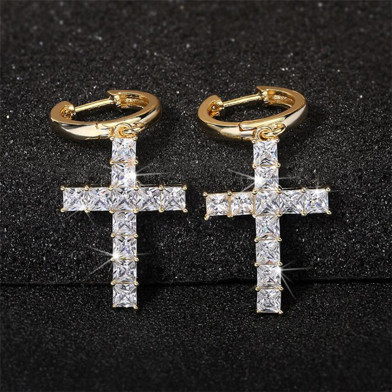 Vintage Sterg Sier Gold Fill Radiant Cut White Topaz Cross Dangle Earrings
