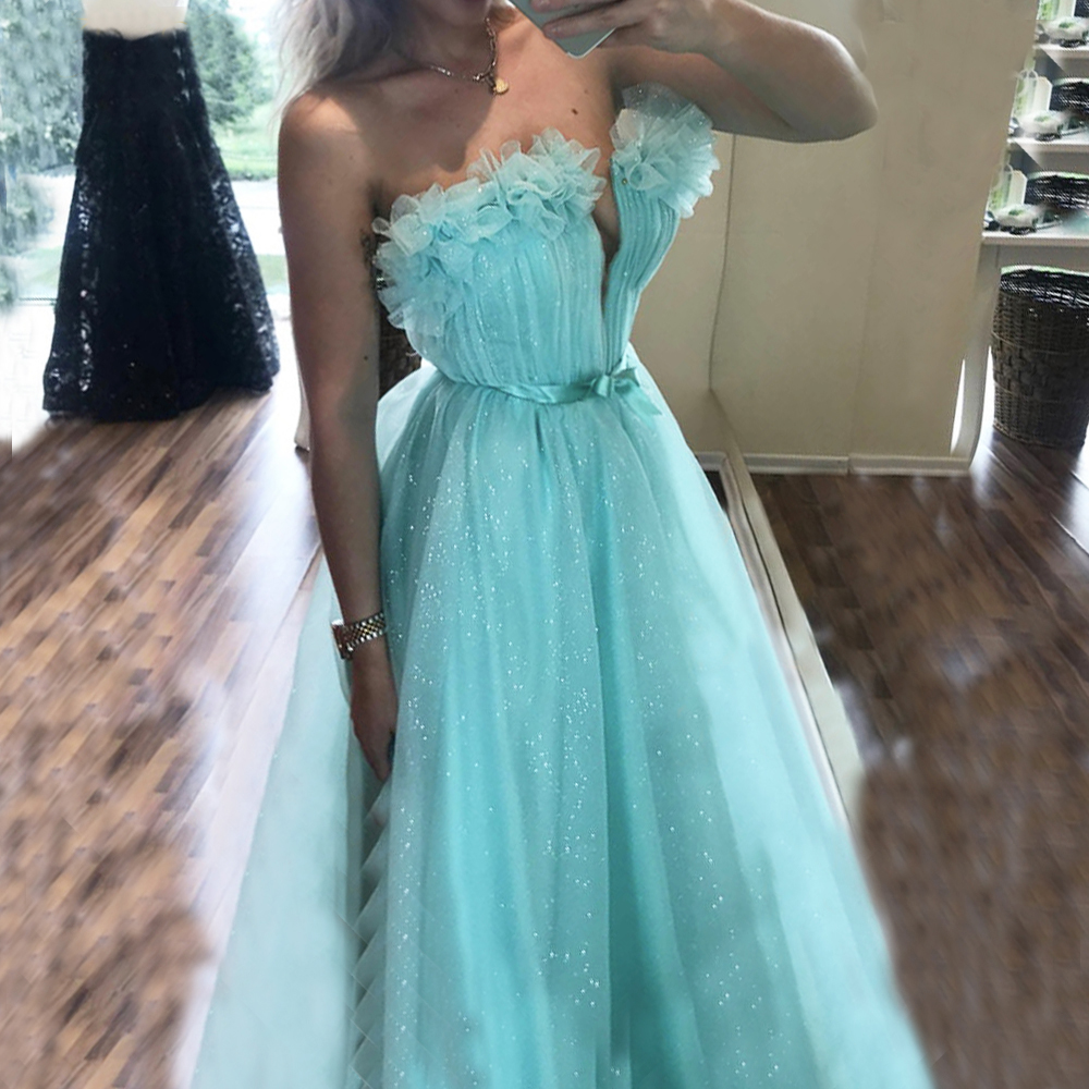 Mint Prom Dresses 2020 A line Long Tulle Gown Off Shoulder Evening Dress Flowers Girl Flowers Hem Formal Gown Bow Knot Belt Gown