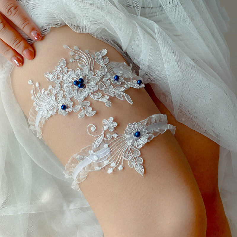 Amazing Beach Wedding Bridal Garters Sets With Blue Beaded Sexy Lace Bridal Leg Accessories For Bride 2020 Cheap Lingerie Garter Lace Belt