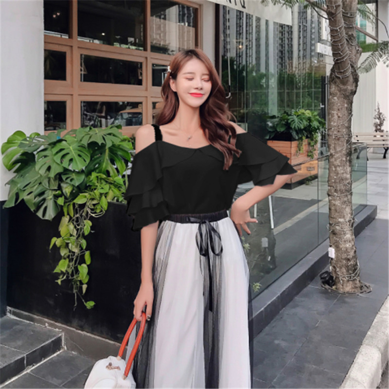 Elegant Women Ruffle Sling Tops Casual Mesh Drawstring Waist Mid Long Skirt Two Piece Set 2020 New Summer Woman Skirts Suit D040