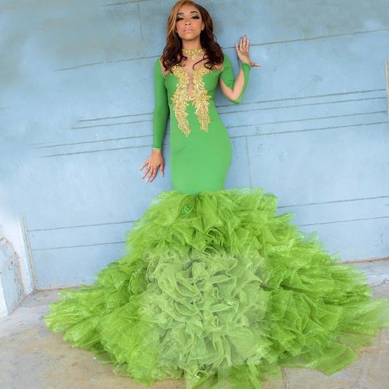 Women Arabic Green Mermaid Prom Dresses Long Sleeve Tiered Skirts Robe De Soiree Appliqued Evening Gowns 2020 Jewel Neck Celebrity Dress