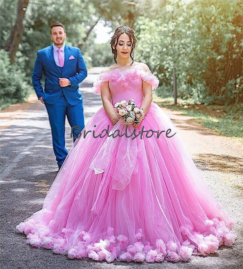 Cindrella Quinceanera Dresses 2020 Pink Off The The Shoulder Handmade Floral Flower Ball Gown Prom Reception Dress Corset Puffy Sweet 16
