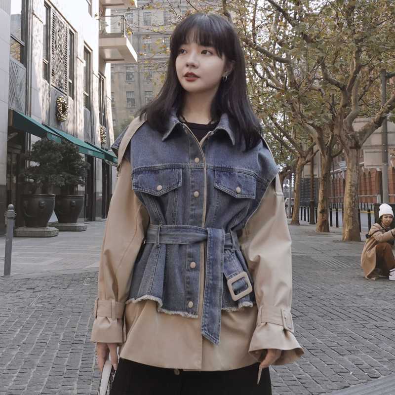 Splice Denim Trench Coat Women 2020 Spring New Fashion Single Breasted Short Windbreaker Female Overcoat Loose Outerwear G204, Photo color 
Splice Denim Trench Coat Women 2020 Spring New Fashion Single Breasted Short Windbreaker Female Overcoat Loose Outerwear G204, Photo color