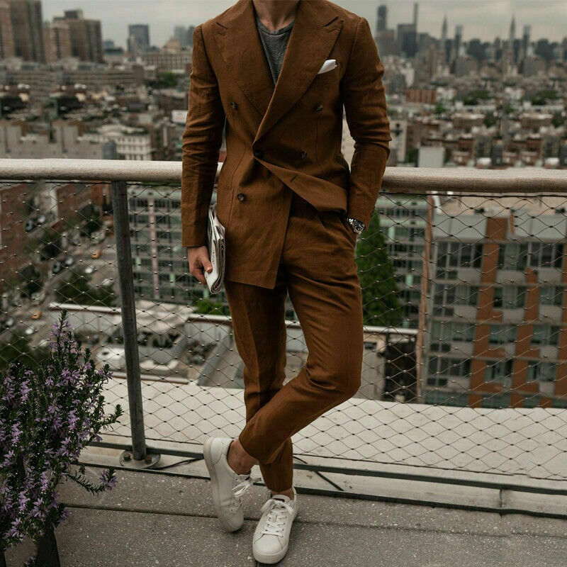 2piece coatpant handsome brown suits custom made men suits cotton double breasted tuxedos peaked lapel blazer business suit
