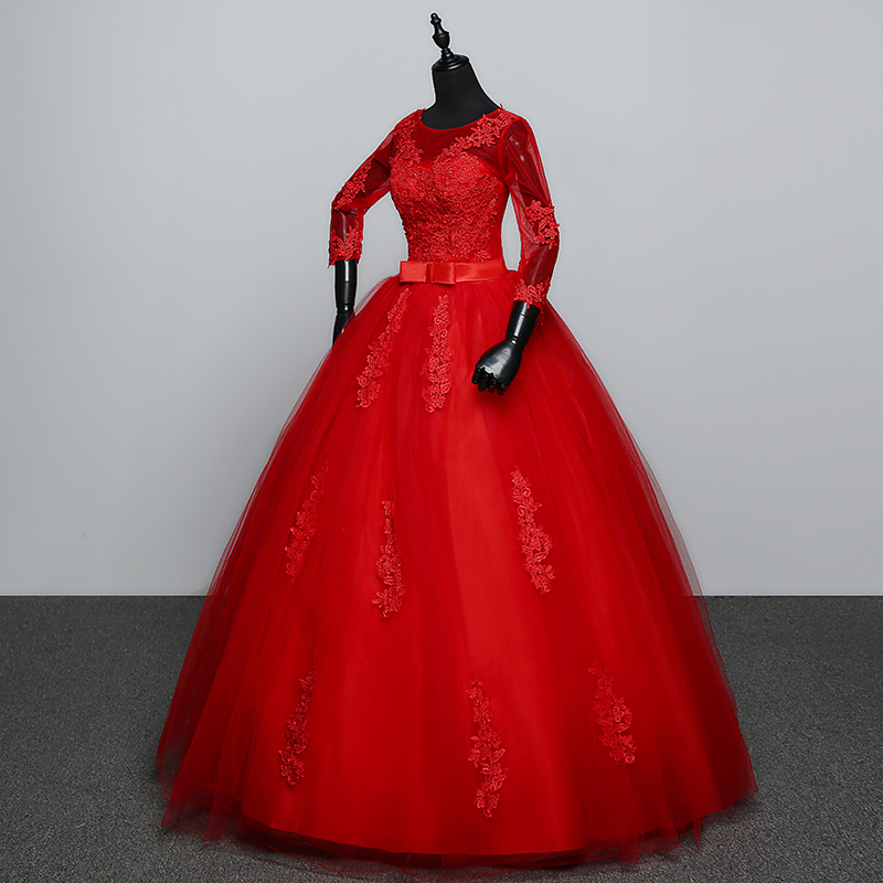 100% Real Photo Red White Three Quarter Sleeve 2020 Arrive Korean Style Ball Gown Fashion Lace Wedding Dress Elegant Princess GZ