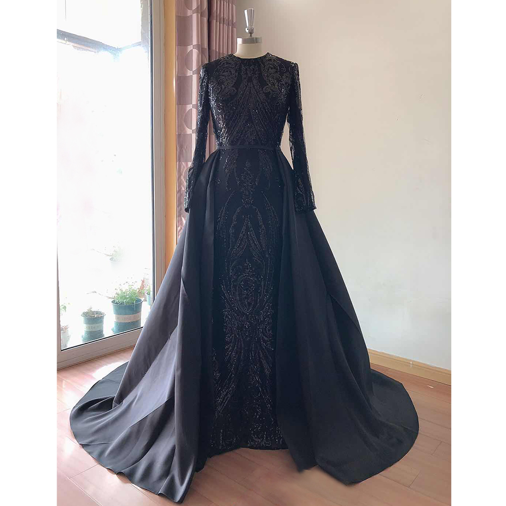 Elegant Rose Pink Mermaid Muslim Hijab Lace Prom Dresses With Detachable Train Long Sleeve Dubai Women Wear Formal Evening Gown Party Dress