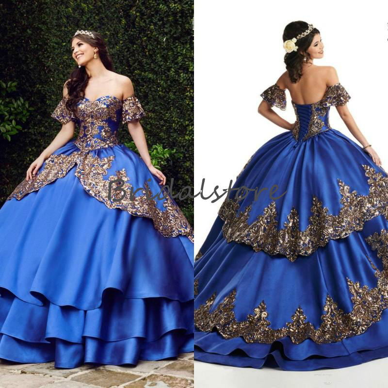 Ragazza Royal Blue Quinceanera Dresses Princess Gold Appliques Short Sleeves Tiered Satin Sweet 16 Dress Elegant Lace Up Prom Pageant Dress