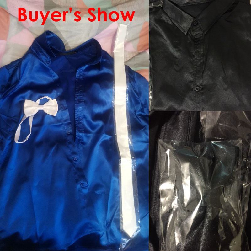 Black Mens Silk Dress Shirts 3Pcs(Shirt +Tie+Bowtie) Smooth Satin Shirt Men Slim Fit Party Prom Casual Shirts Men Social Camisa 200925