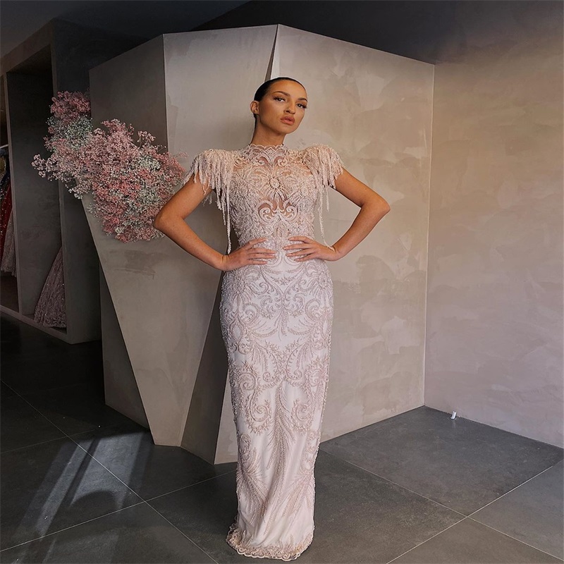 gorgeous newest mermaid evening dress highneck appliqued beads tassel formal prom dress designer hot sale custom made runway fashion dress