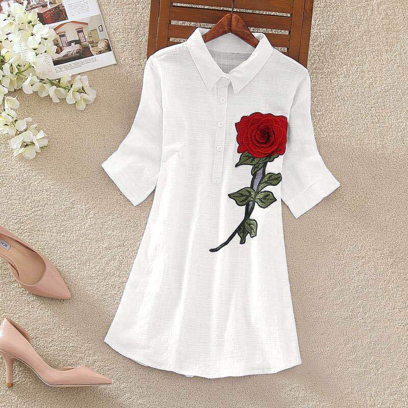 White Long Shirt Women Office Blouse Plus size Cotton Linen Vintage Embroidery Short sleeve Ladies Summer Tops Casual 4XL 5XL Y200828