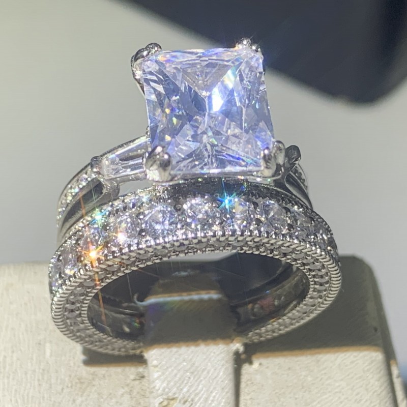 Choucong Brand New Vintage Jewelry 925 Sterling Silver Couple Rings Princess Cut Large Topaz Eiffel Tower Women Wedding Bridal Ring Set