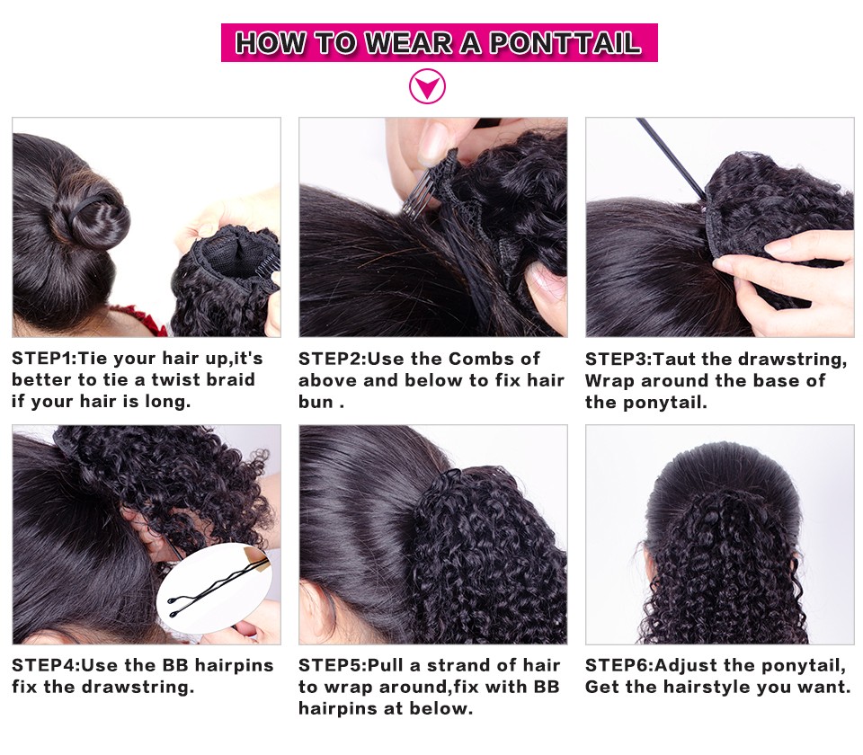 Medium brown kinky curly drawstring ponytail hair piece 100% human hair ponytail clip in afro puff chignon updo